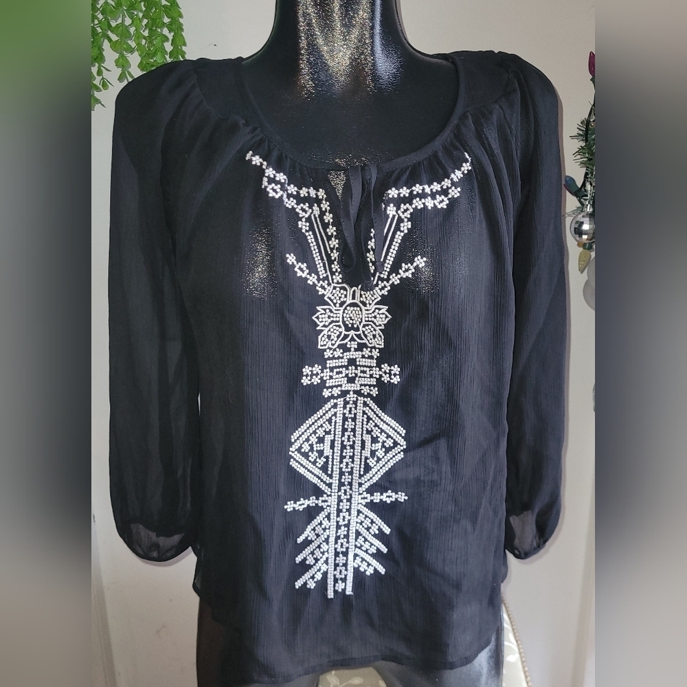 Mudd Sheer Black Long Sleeve Blouse with Embroidered Detailing Size L